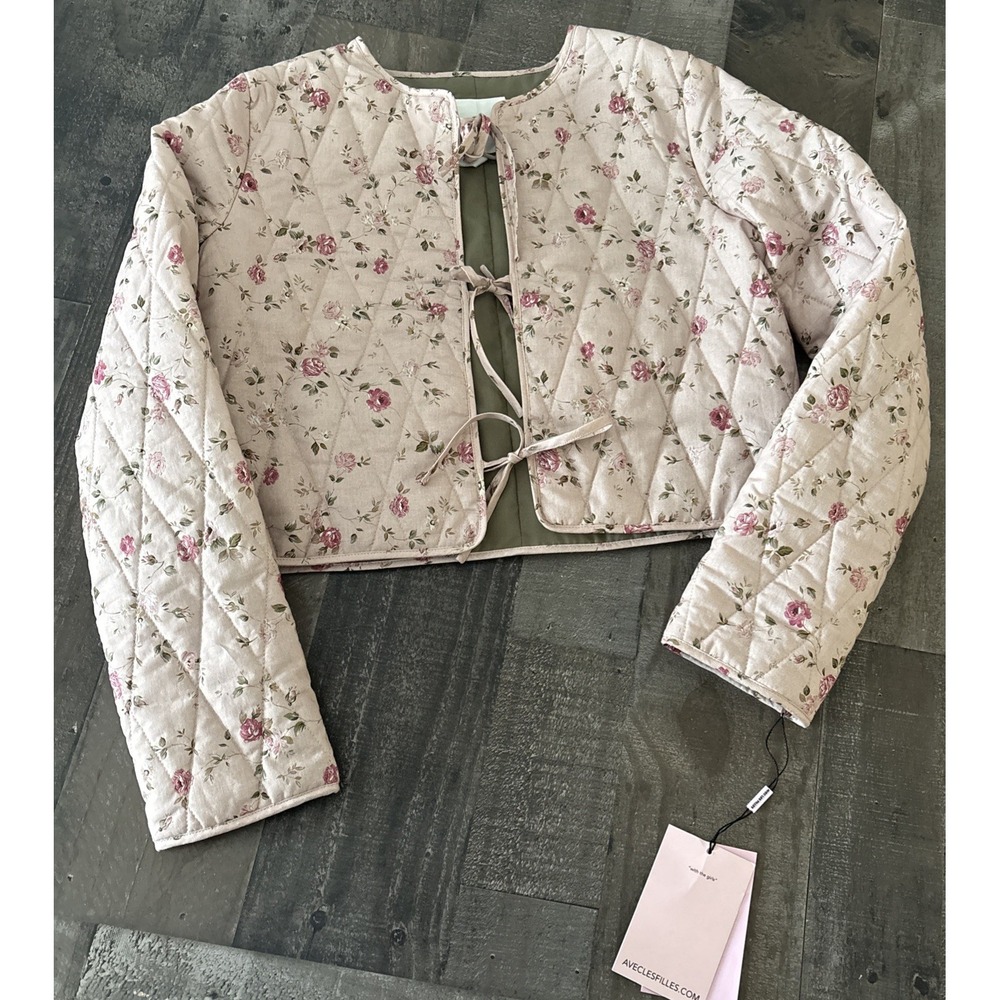 Avec Les Filles Womens XS Pink Floral Long Slv Cropped Quilted Jacket tie front